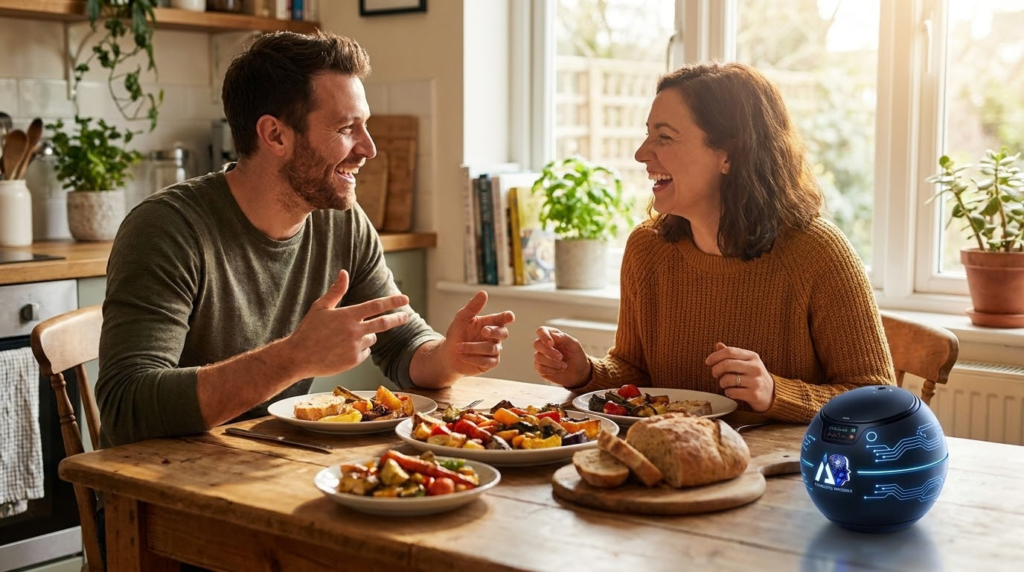 Two people talking and laughing over a meal with an iAVATARS device on the table