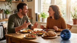 Two people talking and laughing over a meal with an iAVATARS device on the table