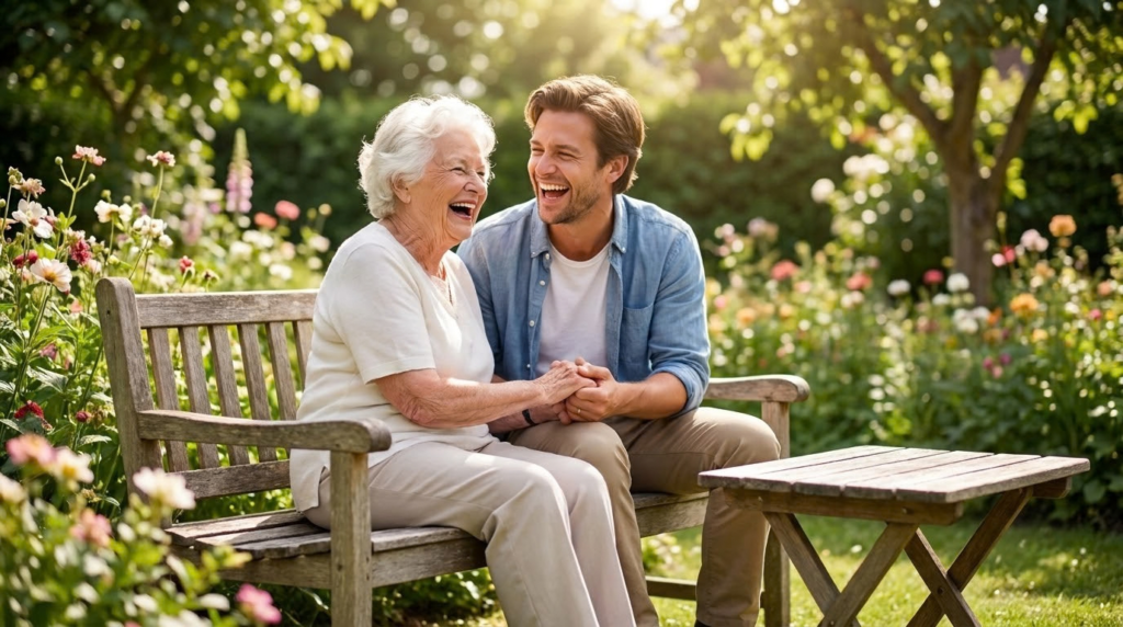 A grandmother and grandson laughing together on a garden bench
