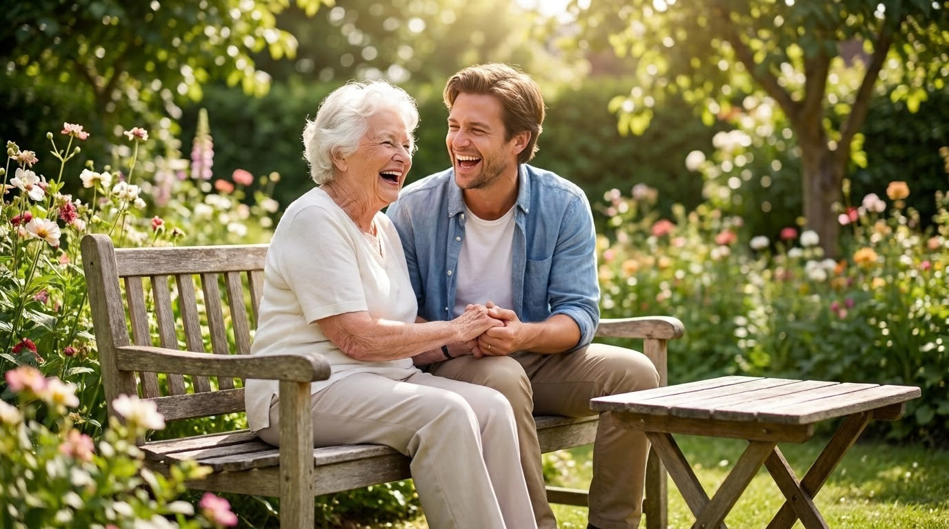 A grandmother and grandson laughing together on a garden bench
