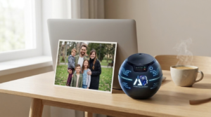 A framed family photo and a laptop on a desk beside an iAVATARS device