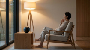 A person sitting quietly in a warm room with an iAVATARS device on a side table