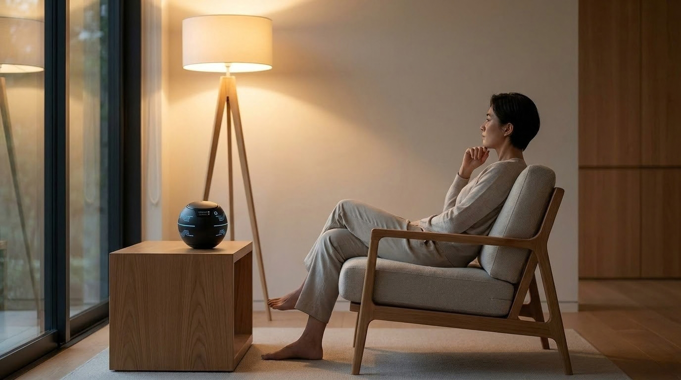 A person sitting quietly in a warm room with an iAVATARS device on a side table