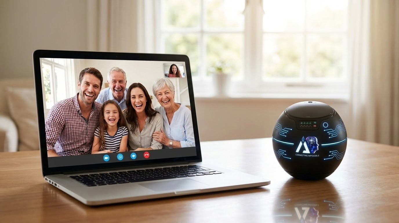 A family on a video call on a laptop beside an iAVATARS device
