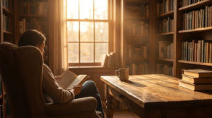 A person reading a book by a sunlit library window