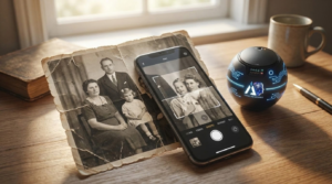 An old black and white family photo being scanned with a phone beside an iAVATARS device