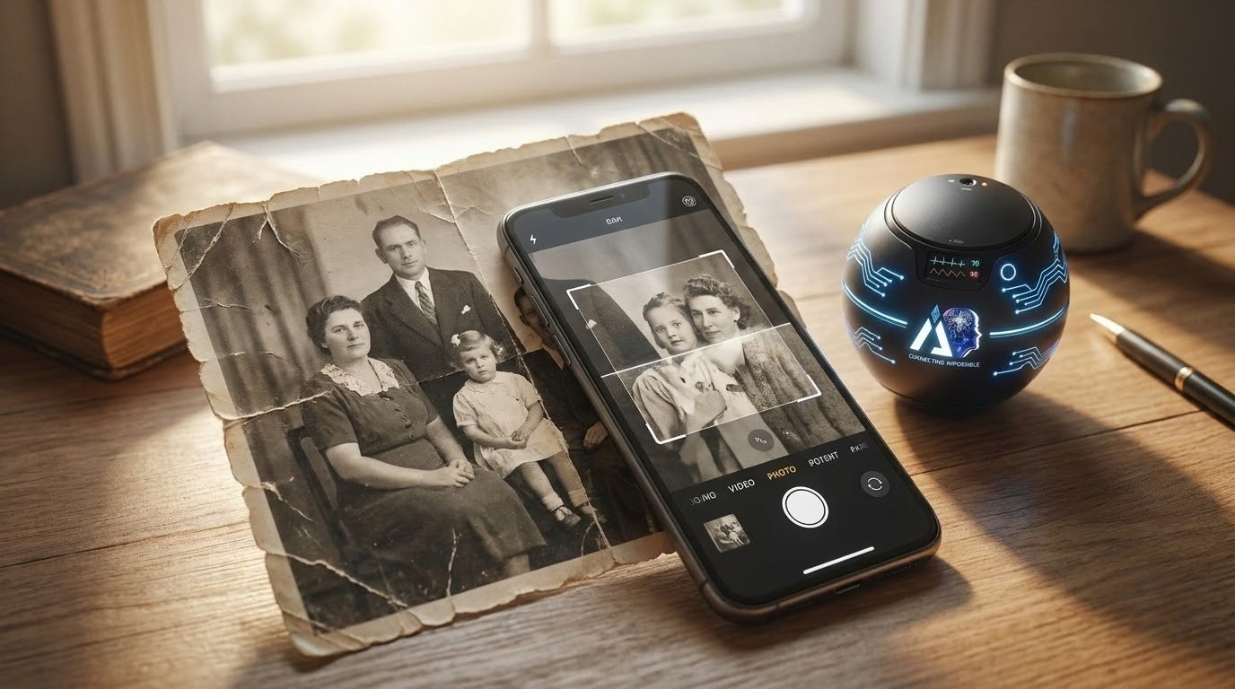 An old black and white family photo being scanned with a phone beside an iAVATARS device
