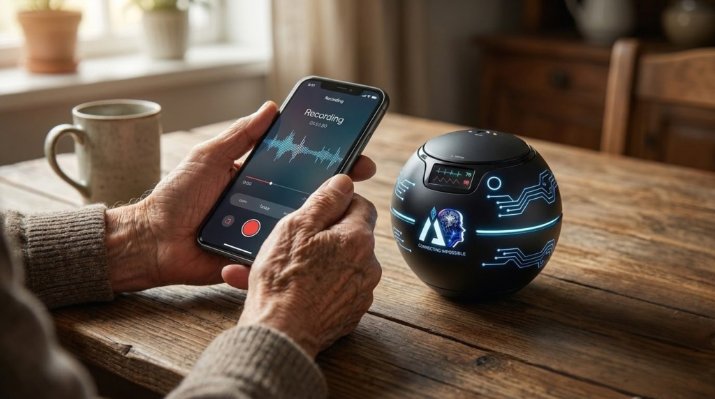 A person recording a voice message on a phone beside an iAVATARS device